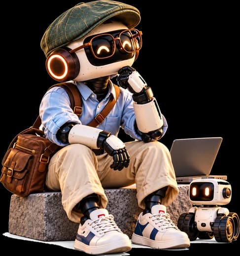 A robot in a flat cap sits thinking at the edge of the city, a small rover at its feet